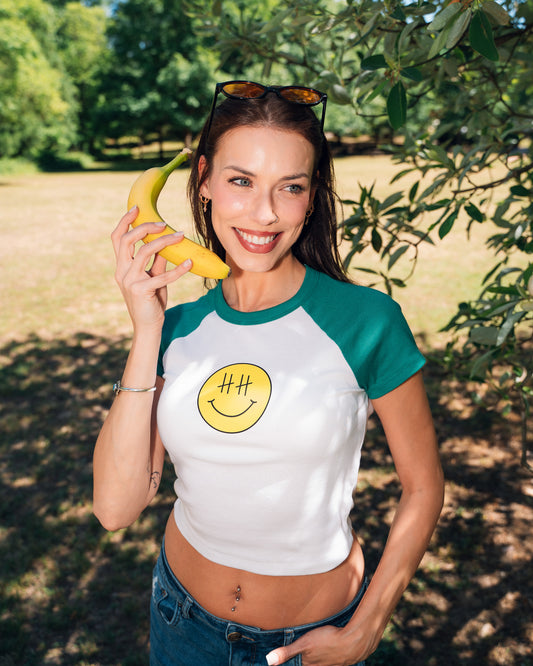Smiley Patch Raglan Baby Tee — Happy Face Graphic Women's Shirt